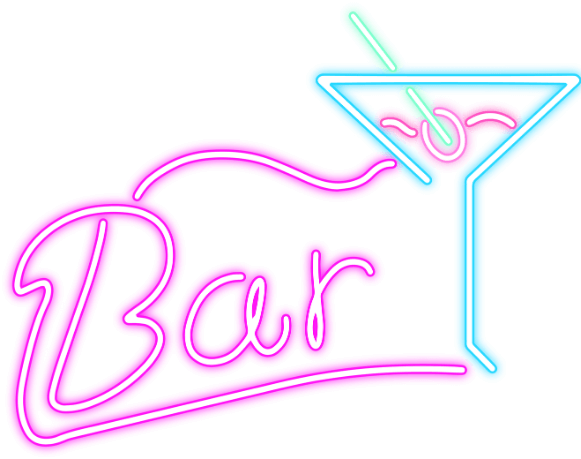 Neon sign with the word 'Bar' in pink and a blue cocktail glass with a green stirrer and pink garnish.