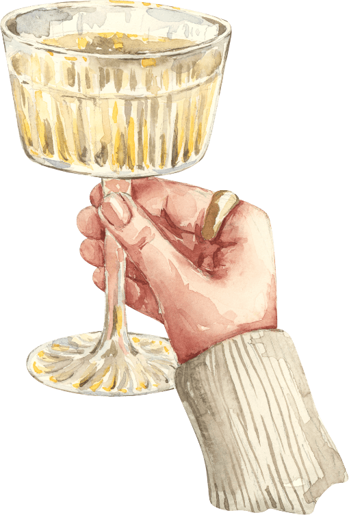Illustration of a hand holding a vintage coupe glass filled with champagne.