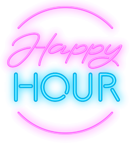 Neon-style ‘Happy Hour’ sign in pink and blue against a black background